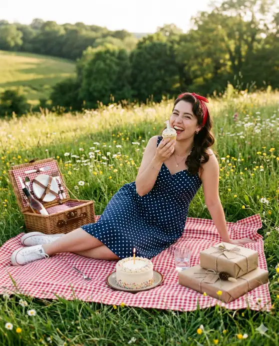Create a photo of a young woman sitting on a red and white checkered picnic blanket spread out on a grassy field. She is wearing a vintage-style polka dot dress in navy and white with white canvas sneakers and a red bandana tied in her hair. Beside her is a wicker picnic basket, a small vanilla birthday cake with pastel sprinkles and a single candle, and a stack of wrapped gifts with brown paper and twine bows. She is leaning back on one hand and holding a cupcake in the other, taking a bite with a playful expression. The camera is at ground level, shooting slightly upward. Warm afternoon sunlight with a soft golden cast. The background shows rolling green grass and a few scattered wildflowers. Retro, film-style color grading with slightly faded tones. Shot with a 35mm lens. Use aspect ratio 4:5.