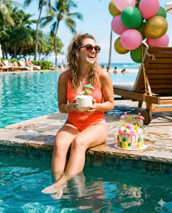 Create a photo of a young woman sitting on the edge of a turquoise swimming pool with her feet dangling in the water. She is wearing a bright coral one-piece swimsuit and oversized round sunglasses pushed up on her head. She is holding a coconut drink with a paper straw and a small umbrella in it. Beside her on the pool deck is a tropical-themed birthday cake decorated with pineapple and flamingo cake toppers, and a cluster of pink and green balloons tied to a pool chair behind her. She is laughing and looking slightly off-camera. The camera is at pool deck level, shooting at a slight angle. Bright, saturated tropical sunlight with vivid blue water reflections. Fun, colorful, lifestyle vacation style. Shot with a 35mm lens. Use aspect ratio 4:5.