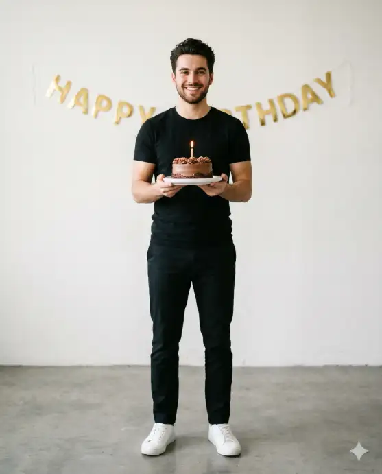 Create a photo of a young man standing against a plain white studio backdrop, holding a small round chocolate cake on a white ceramic plate at chest height. He is wearing a simple fitted black crew neck t-shirt and black trousers with clean white sneakers. His expression is a genuine, warm smile directed at the camera. A single lit candle sits on top of the cake. The camera is at chest height, shooting straight on. Bright, even studio lighting with soft shadows behind him. One gold foil "Happy Birthday" letter garland hangs loosely on the wall behind him at head height. Clean, minimalist, modern portrait style. Shot with an 85mm lens, shallow depth of field. Use aspect ratio 4:5.