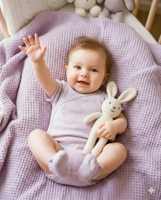 Create a photo of a 3-month-old baby lying on their back on a soft lavender waffle-knit blanket, one hand reaching up and the other clutching a small cream-colored stuffed bunny with floppy ears. The baby is wearing a light lilac cotton onesie with tiny white polka dots. The baby's legs are bent and feet are slightly raised. The baby has a happy expression with a slight smile and bright eyes looking at the camera. The camera is at a 45-degree angle from above. Soft, warm studio lighting with a gentle lavender tint and no hard shadows. The color palette is soft lavender, cream, and white. Sweet, tender baby portrait style. Shot with an 85mm lens, shallow depth of field. Use aspect ratio 4:5.