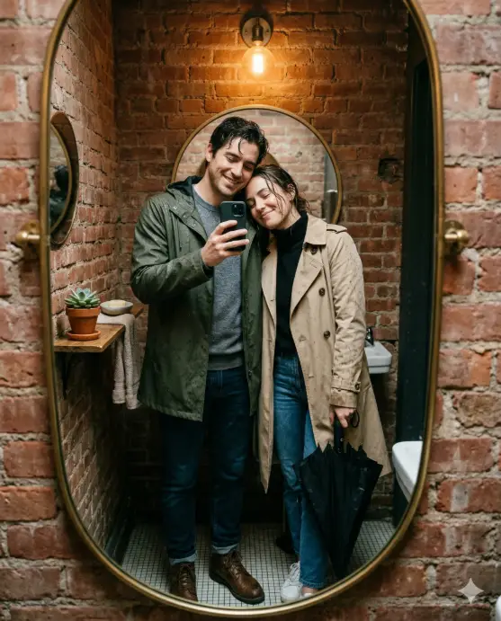 Create a realistic couple mirror selfie of a man and woman in a small coffee shop restroom with slightly damp hair and rain droplets on their jackets. The man is wearing a dark olive rain jacket over a gray crewneck sweater and dark jeans with brown boots. The woman is wearing a beige trench coat over a black turtleneck and blue jeans with white sneakers, holding a folded umbrella in one hand. He is holding the phone up while she leans her head against his shoulder with a content, happy expression. The restroom has a small round mirror with a brass frame, exposed brick walls, a single warm Edison bulb hanging above, and a tiny shelf with a potted succulent. Warm, moody tones with a cozy rainy-day atmosphere. Shot at chest level through the mirror. Use aspect ratio 4:5.
