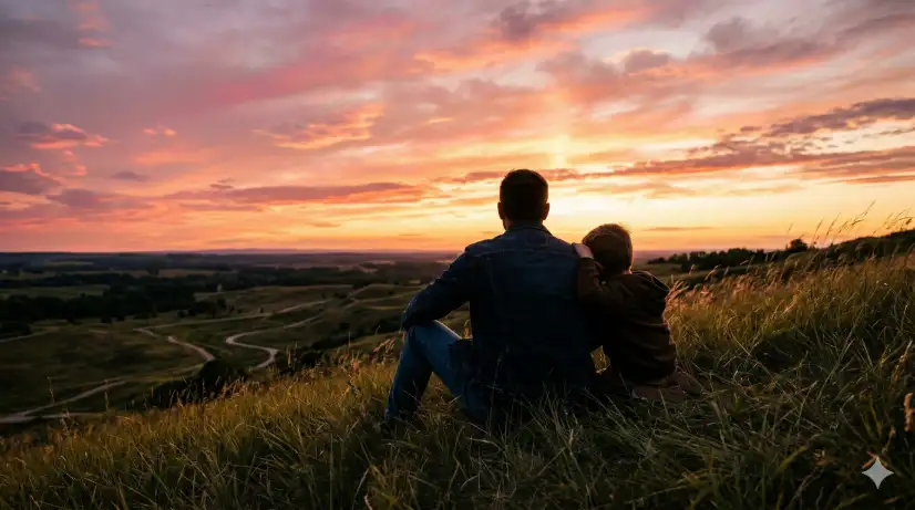Create a cinematic wide-angle photo of a father and his young son sitting side by side on a grassy hilltop, silhouetted against a dramatic sunset sky. The father has his arm around the boy's shoulders, and the boy is leaning into his dad's side with his head resting against his arm. Both are looking out at the horizon. The father is wearing a dark denim jacket over a grey t-shirt and jeans, and the boy is in a small brown hoodie and dark pants. The grass around them is tall and catches the golden light. The sky is a sweeping canvas of deep orange, pink, magenta, and soft purple with a few scattered clouds catching the last rays of sunlight. The camera is positioned behind and to the side at a low angle, capturing both their silhouettes and the vast sky. Rich, warm golden-hour tones with dramatic color contrast. Shot with a 24mm wide-angle lens, deep depth of field, cinematic landscape portrait aesthetic. Use aspect ratio 16:9.