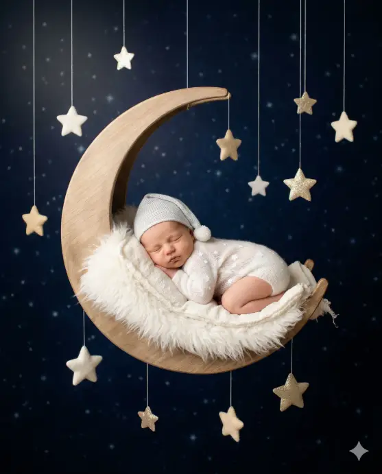 Create a photo of a newborn baby sleeping on a crescent moon-shaped wooden prop covered in soft white fleece, positioned as if the baby is resting on the curve of the moon. The baby is wearing a tiny white knitted star-patterned onesie and a small pointed sleeping cap in pale silver. Small felt stars in white and pale gold are hanging from thin threads at different heights around the moon prop. The background is a deep navy blue seamless backdrop. The camera is at the same height as the prop, shooting straight on. Soft, warm spotlight on the baby with the background remaining dark and dramatic. Dreamy, whimsical color palette with navy, white, silver, and pale gold. Fantasy newborn photography style. Shot with an 85mm lens, shallow depth of field. Use aspect ratio 4:5.
