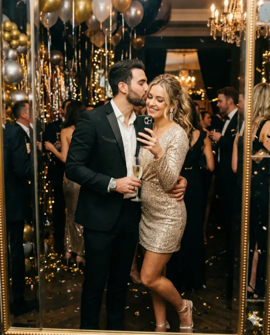 Create a realistic couple mirror selfie of a man and woman at a New Year's Eve party, standing in front of a large wall mirror in a decorated venue. The man is wearing a slim-fit black suit with a satin lapel, a white shirt with the top button undone, and a silver watch. The woman is wearing a shimmering champagne gold sequin mini dress with strappy silver heels and statement crystal drop earrings. She is holding a glass of champagne in one hand and the phone in the other. His arm is around her waist and he is kissing her temple. The background shows blurred gold and silver balloons, string lights, metallic streamers, and other partygoers in the soft bokeh. Warm, sparkling, celebratory lighting with rich golds and deep shadows. Shot at three-quarter length through the mirror. Use aspect ratio 4:5.