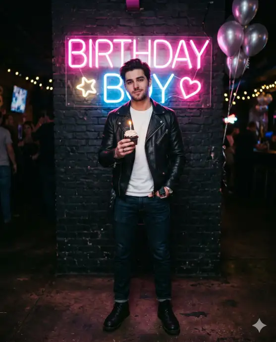 Create a photo of a young man standing in front of a large pink and blue neon sign that reads "Birthday Boy" mounted on a dark brick wall. He is wearing a black leather jacket over a plain white t-shirt, dark jeans, and black boots. He has one hand in his jacket pocket and the other raised slightly holding a cupcake with a single lit candle. His expression is a cool, easy smirk directed at the camera. The room is dimly lit with the neon glow casting colorful reflections on his face and jacket. A few metallic silver balloons float in the corner of the frame. The camera is at eye level, shooting straight on. Moody, vibrant neon lighting with cool blue and warm pink tones. Urban, nightlife editorial style. Shot with a 35mm lens, wide aperture. Use aspect ratio 4:5.
