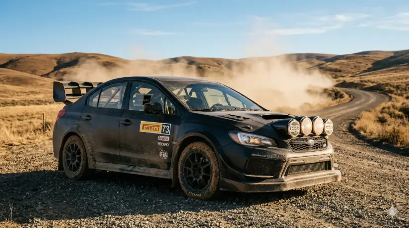 Create a photo of a flat black rally car with a large rear spoiler, front splitter, and rally-style fog lights parked at the edge of a dusty gravel track. The car is positioned at a front three-quarter angle with a thin layer of brown dust covering the lower body panels and wheel wells. A cloud of fine dust hangs in the air behind the car, lit up by warm afternoon sun. The background shows a winding gravel track cutting through dry grassland with rolling brown hills in the distance under a clear sky. The camera is at bumper height, slightly off to the driver's side. Warm, dusty color grading with muted browns, tans, and sharp contrast on the car's dark body. Raw, action-oriented motorsport editorial style. Shot with a 28mm lens, wide depth of field. Use aspect ratio 16:9.