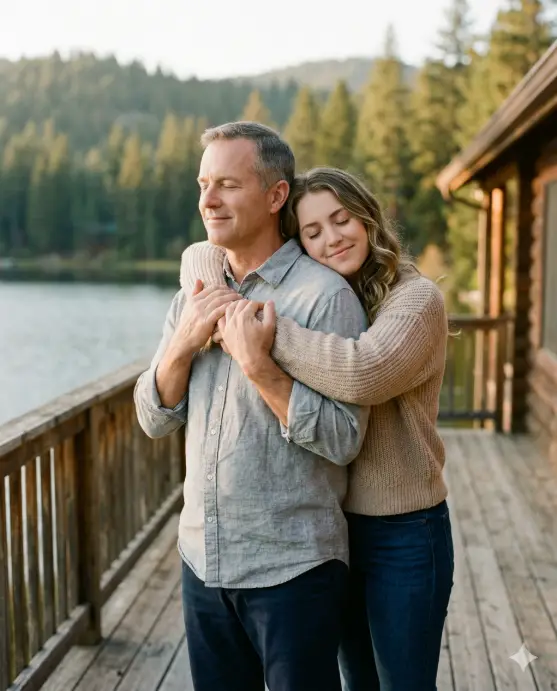 Create a photo of an adult daughter (mid-20s) hugging her father from behind, her arms wrapped around his shoulders and her chin resting on his shoulder. Both have their eyes closed with peaceful, content expressions. The father is standing with his hands gently holding her forearms. He is wearing a light gray linen shirt with the sleeves rolled up and dark trousers. The daughter is wearing a soft beige knit sweater and dark jeans with her hair down in natural waves. They are standing on a wooden deck of a lakeside cabin with a calm lake and pine tree-covered hills softly blurred in the background. The late afternoon sun casts warm, golden side lighting across their faces. The camera is at shoulder height, capturing a close-up two-shot from a three-quarter angle. Warm, emotional tones with a soft, film-like quality. Shot with an 85mm lens, shallow depth of field, natural color grading. Use aspect ratio 4:5.