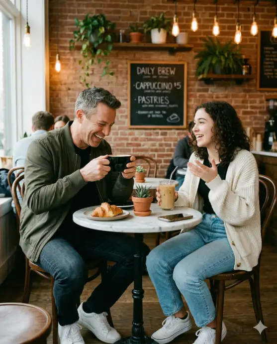 Create a photo of a father and his teenage daughter (around 16 years old) sitting across from each other at a small round marble table inside a cozy coffee shop. The father is leaning forward with both hands wrapped around a large ceramic coffee mug, laughing at something she just said. The daughter is mid-sentence, gesturing with one hand while the other holds an iced latte with a metal straw, her expression animated and cheerful. The father is wearing a dark olive bomber jacket over a plain black t-shirt and dark jeans with clean white sneakers. The daughter is wearing an oversized cream cardigan over a fitted black top, light blue mom jeans, and white canvas shoes with her hair down in natural loose curls. The coffee shop has exposed brick walls, a chalkboard menu in the soft background, hanging Edison bulb lights, and potted plants on wooden shelves. A half-eaten croissant and a small succulent sit on the table between them. The camera is at table height, capturing both of them from a side angle. Warm, moody indoor lighting with golden tones from the Edison bulbs and soft window light from the left. Shot with a 35mm lens, medium depth of field, candid editorial style. Use aspect ratio 4:5.