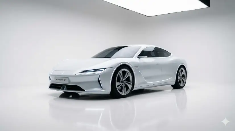 Create a photo of an ice white futuristic concept car with smooth flowing body lines, hidden door handles, and thin LED light strips along the edges, parked in a minimalist white studio. The car is positioned at a front three-quarter angle. The studio floor is polished white with subtle reflections of the car's silhouette visible beneath it. There is no background clutter, just a seamless white cyclorama curving from the floor to the wall. A single large softbox above and to the right creates a clean, directional light that casts a soft shadow on the left side of the car and highlights every curve and crease in the body panels. The camera is at headlight height, shooting at a slight angle. Clean, high-key lighting with minimal shadows and a cool-neutral color palette. High-end product photography, concept car launch style. Shot with a 50mm lens, sharp focus throughout. Use aspect ratio 16:9.