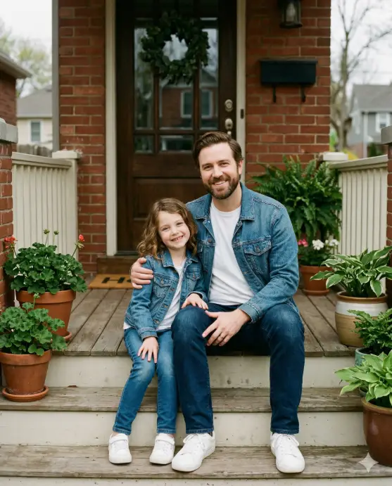 Create a photo of a father and his young daughter (around 8 years old) sitting together on the front porch steps of a charming suburban home. They are wearing matching outfits consisting of denim jackets over plain white t-shirts and blue jeans with white sneakers. The father has his arm around her shoulder and both are giving relaxed, genuine smiles at the camera. The daughter is leaning slightly into him. The front porch has a red brick facade, potted green plants on either side, and a dark wooden front door visible behind them. Soft, even light from an overcast sky creates a flattering, shadow-free look. The camera is at their seated eye level, shooting straight on. Clean, natural tones with a warm, lifestyle magazine feel. Shot with a 50mm lens, medium depth of field. Use aspect ratio 4:5.