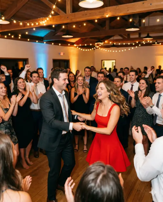 Create a photo of an engaged couple dancing at the center of a crowded dance floor at their engagement party, surrounded by friends and family who are dancing, clapping, and cheering around them. The man is wearing a dark charcoal suit with his jacket unbuttoned and sleeves slightly pushed up, a loosened silver tie, looking relaxed and happy. The woman is wearing a red fit-and-flare dress with a square neckline and her hair now loose and flowing from dancing, gold hoop earrings catching the light. They are holding hands and spinning, both laughing with pure joy. The guests around them are dressed in cocktail attire and captured in motion, slightly blurred. The dance floor is lit by warm overhead lights and a few colored uplights along the walls. The venue ceiling shows exposed wooden beams draped with string lights. The camera is at waist height from the edge of the dance floor, capturing the couple sharp in the center with the energetic crowd around them. Warm, vibrant, celebratory tones with dynamic movement. Shot with a 35mm lens, medium depth of field, photojournalistic party style. Use aspect ratio 4:5.