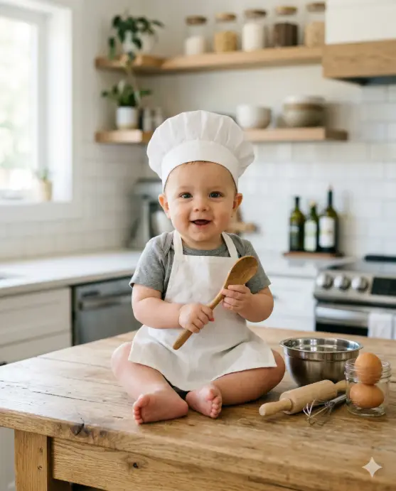 Create a photo of a 7-month-old baby sitting on a light wooden kitchen countertop wearing a tiny white chef hat and a small white apron over a plain gray t-shirt. The baby is holding a small wooden spoon in one hand and has a curious, wide-eyed expression looking directly at the camera. Beside the baby are a few mini kitchen props including a small stainless steel mixing bowl, a wooden rolling pin, and a couple of eggs on the counter. The background is a bright, modern kitchen with white subway tile and open wooden shelves slightly blurred. The camera is at the baby's eye level. Bright, natural window light from the left side creating soft shadows. Fun, lifestyle editorial mood with warm whites and natural wood tones. Shot with a 50mm lens, medium depth of field. Use aspect ratio 4:5.