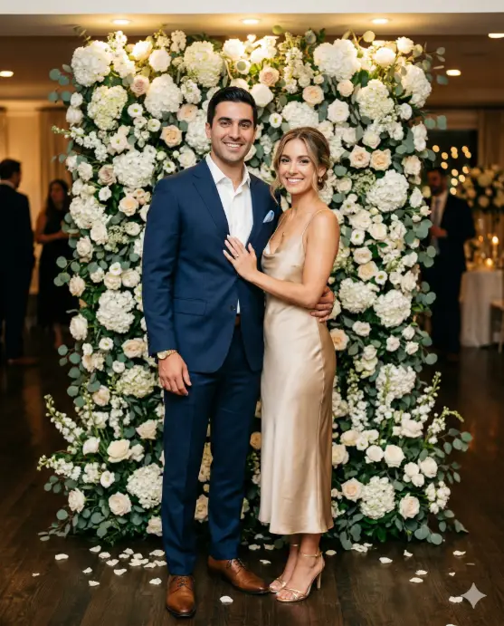 Create a photo of a newly engaged couple posing together in front of an elegant floral backdrop wall at their engagement party venue. The man is wearing a tailored navy blue suit with a light blue pocket square, a white dress shirt with the top button open, and brown leather dress shoes. The woman is wearing a sleek champagne gold satin slip dress that falls to mid-calf with thin straps, a delicate gold pendant necklace, and strappy gold heels, her hair pulled back in a low chignon with a few loose tendrils framing her face. He has one arm around her waist, and she is turned slightly into him with one hand flat on his chest, both looking at the camera with relaxed, warm smiles. Behind them, a lush wall of white hydrangeas, cream roses, and eucalyptus is lit by warm spotlights from above. The floor has scattered white petals near the base of the wall. The camera is at eye level, centered, capturing a full-body portrait. Rich, warm tones with golden highlights and soft shadows. Shot with a 50mm lens, medium depth of field, formal event photography style. Use aspect ratio 4:5.