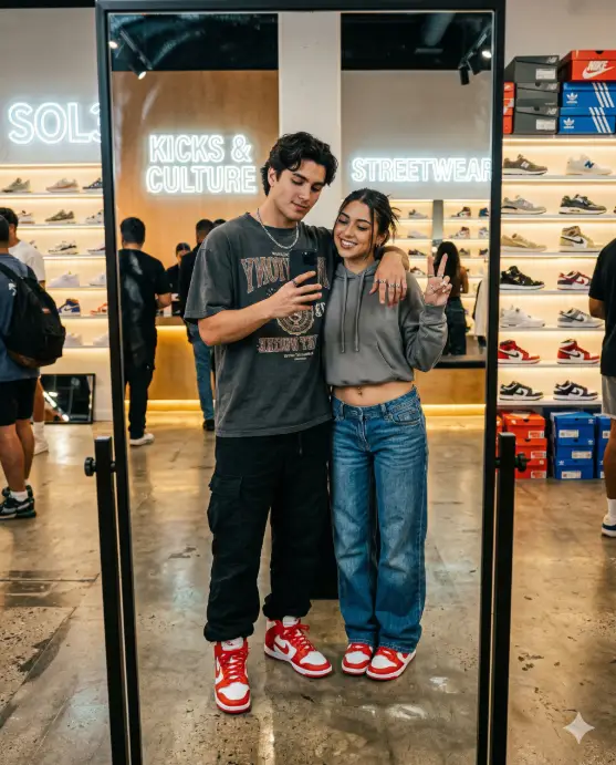 Create a realistic couple mirror selfie of a young man and woman posing in front of a full-length mirror inside a modern sneaker store. The man is wearing an oversized graphic tee, baggy black cargo pants, and fresh white and red high-top sneakers with a silver chain necklace. The woman is wearing a cropped hoodie, low-rise wide-leg jeans, and matching white and red sneakers with chunky silver rings. He has one arm around her shoulder and is holding the phone with the other hand. She is throwing a peace sign. Both have cool, laid-back expressions. The store background shows illuminated sneaker displays on shelves, neon signage, and clean concrete flooring. Bright, clean retail lighting with a sharp, high-contrast streetwear editorial feel. Use aspect ratio 4:5.