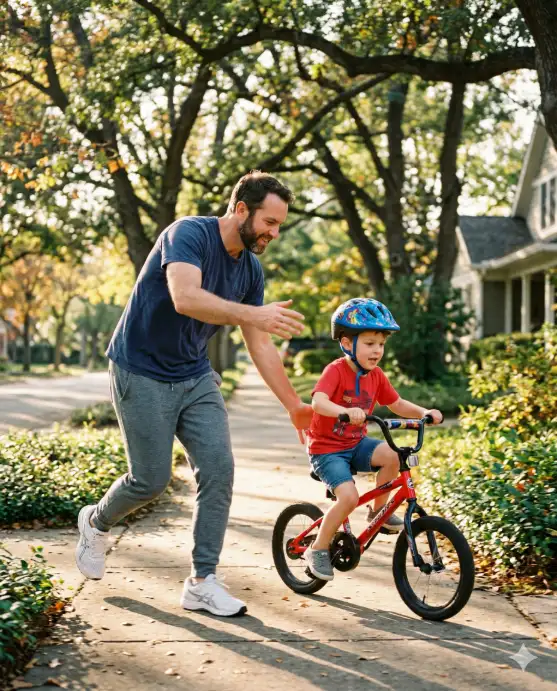Create a candid photo of a father jogging alongside his young son who is riding a small bicycle on a quiet tree-lined suburban street in the late afternoon. The father is bent slightly forward with one hand hovering near the back of the bicycle seat, ready to catch, and the other hand reaching forward encouragingly. He is wearing a navy blue crewneck t-shirt, grey joggers, and white running shoes. The boy is wearing a bright red t-shirt, denim shorts, and small sneakers with a child's helmet on his head, and his face shows a mix of concentration and excitement. The camera is positioned low at street level, shooting from the side to capture the motion. Dappled sunlight filters through the tree canopy above, creating patches of warm light on the pavement. Soft green and golden tones with a lifestyle photography feel. Shot with a 35mm lens, slight motion blur on the wheels. Use aspect ratio 4:5.