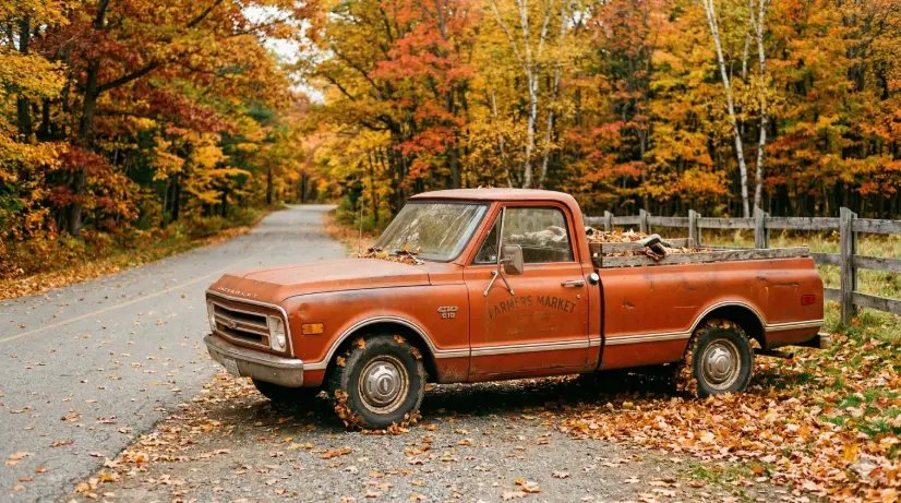 Create a photo of a burnt orange vintage pickup truck parked on the shoulder of a quiet country road lined with autumn trees. The truck is positioned at a side profile angle, slightly angled toward the camera. The paint is slightly faded and there is a light layer of dust on the fenders. The background is filled with trees in peak fall color showing vibrant reds, oranges, and yellows, with golden leaves scattered across the road and piled against the truck's tires. A wooden fence runs along the far side of the road. The camera is at waist height, shooting from across the road. Warm, golden color grading with soft natural light filtering through the canopy. Nostalgic, lifestyle, Americana editorial style. Shot with a 50mm lens, medium depth of field. Use aspect ratio 16:9.