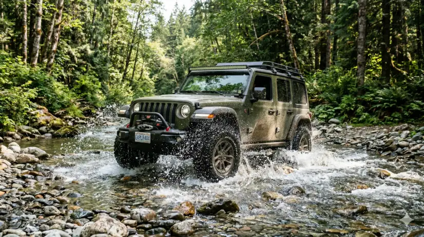 Create a photo of an olive green off-road vehicle crossing a shallow rocky river, captured mid-splash with water spraying up from the front tires. The car is positioned at a front three-quarter angle, slightly tilted as it navigates the uneven riverbed. The water is clear and ankle-deep with smooth river stones visible beneath the surface. The background shows a dense forest of tall trees lining both banks of the river, with dappled sunlight filtering through the canopy. The camera is positioned low on the riverbank at water level, shooting slightly upward. Natural, earthy tones with rich greens, warm browns, and sparkling water highlights. Action-style outdoor automotive photography. Shot with a 35mm lens, fast shutter speed. Use aspect ratio 16:9.