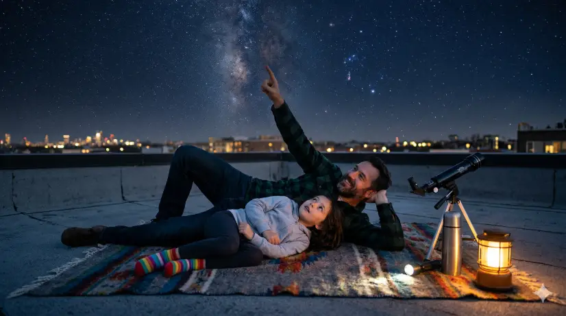 Create a photo of a father and his young daughter (around 7 years old) lying on their backs on a blanket spread out on a flat rooftop, looking up at a star-filled sky. The father is pointing up at a constellation with one hand while the other arm rests behind his head. The daughter is nestled close to him, following his finger with wide, curious eyes. He is wearing a dark green flannel shirt and dark jeans. She is wearing a soft gray hoodie and dark leggings with colorful socks. A small telescope, a thermos, and a flashlight sit nearby on the blanket. The night sky is deep navy blue with thousands of visible stars and a faint Milky Way streak. The camera is positioned slightly above and to the side, looking down at them at a 45-degree angle. Cool blue moonlight with warm amber accents from a nearby lantern. Shot with a 24mm lens, wide composition. Use aspect ratio 16:9.