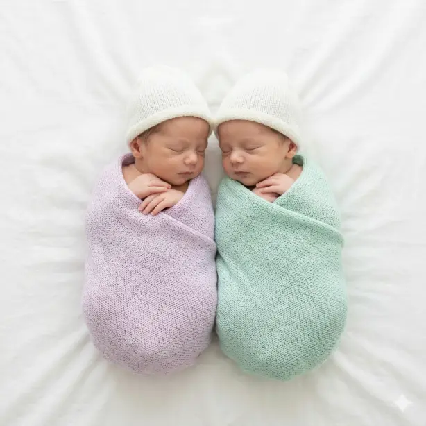 Create a photo of newborn twin babies sleeping side by side on a soft white cotton sheet, their heads gently touching in the center. One baby is wrapped snugly in a light lavender knitted swaddle and the other in a soft mint green knitted swaddle. Both are wearing matching tiny white knitted beanies. Their tiny hands are visible near their chins. The camera is positioned directly overhead in a top-down flat lay angle. Soft, even diffused lighting with no shadows, creating a clean and airy feel. The color palette is soft pastels with white, lavender, and mint green. Minimal, modern newborn photography style. Shot with a 35mm lens. Use aspect ratio 1:1.