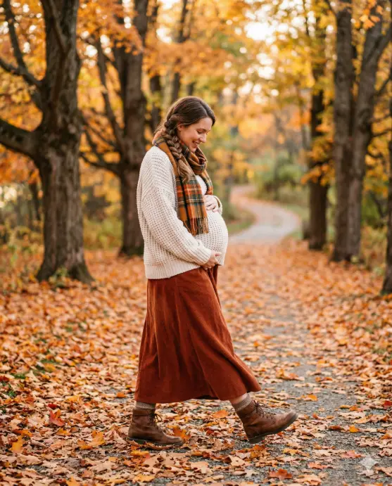 Create a photo of a pregnant woman walking along a tree-lined path covered in fallen autumn leaves, looking down at her belly with a soft smile. She is wearing an oversized chunky cream knit sweater that sits just above her bump, a long rust-colored corduroy skirt, and brown leather boots. She has a warm plaid scarf draped loosely around her neck. Her hair is in a side braid over one shoulder. The camera is at waist height, capturing her mid-step from a slight angle. Warm, diffused afternoon light with golden tones filtering through the remaining orange and red leaves on the trees. The background is a blurred pathway with tall maple trees and a soft layer of fallen leaves on the ground. Cozy, editorial fall maternity style with rich amber, rust, and cream tones. Shot with a 50mm lens, shallow depth of field. Use aspect ratio 4:5.