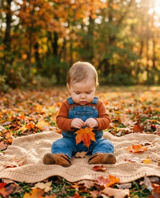 Create a photo of an 8-month-old baby sitting on a soft tan blanket surrounded by scattered autumn leaves in shades of orange, red, and golden yellow. The baby is wearing small denim overalls over a burnt orange long-sleeve shirt with tiny brown leather moccasins. The baby is picking up a large orange maple leaf with both hands and looking down at it with a focused, curious expression. The background is a blurred outdoor park setting with warm fall foliage. The camera is at the baby's eye level, shooting from a slight angle to the right. Warm, golden afternoon sunlight from behind creating a soft rim light around the baby's head and shoulders. Rich, warm autumn color palette. Outdoor lifestyle photography style. Shot with a 50mm lens, shallow depth of field. Use aspect ratio 4:5.
