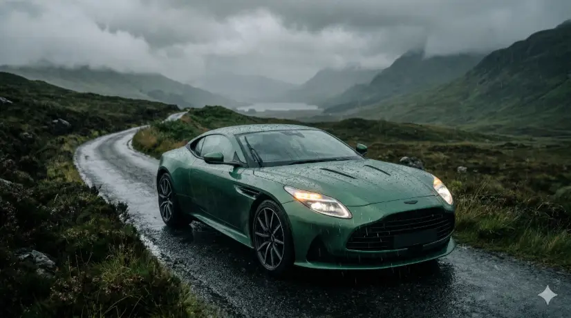 Create a photo of a forest green grand tourer coupe with a long sculpted hood and fastback rear parked on a narrow single-track road winding through the Scottish Highlands in heavy rain. The car is positioned at a front three-quarter angle, headlights glowing through the rain. Water beads cover the entire body and streams down the curved windshield. The road is slick black tarmac with no lane markings, bordered by rough grass and heather on both sides. The background shows rolling green hills disappearing into thick low clouds and mist, with a distant loch barely visible through the gray haze. The camera is at bumper height on the road surface, shooting slightly upward. Moody, desaturated color grading with deep greens, slate grays, and cold highlights on the wet surfaces. Atmospheric, cinematic, British automotive editorial style. Shot with a 35mm lens, medium depth of field. Use aspect ratio 16:9.