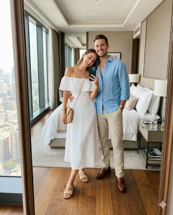 Create a realistic couple mirror selfie of a man and woman posing in front of a full-length mirror in a modern luxury hotel room. The man is wearing a light blue linen shirt unbuttoned at the top, beige chinos, and brown leather loafers. The woman is wearing a white off-shoulder midi dress with woven sandals and a straw crossbody bag. She is leaning into him with her head slightly tilted toward his shoulder, while he holds the phone up and his other hand rests in his pocket. The hotel room behind them has a neatly made king bed with white linens, a floor-to-ceiling window showing a blurred city skyline, and warm neutral decor. Soft natural daylight fills the room. Clean, bright, vacation-ready aesthetic. Shot at full-body level through the mirror. Use aspect ratio 4:5.