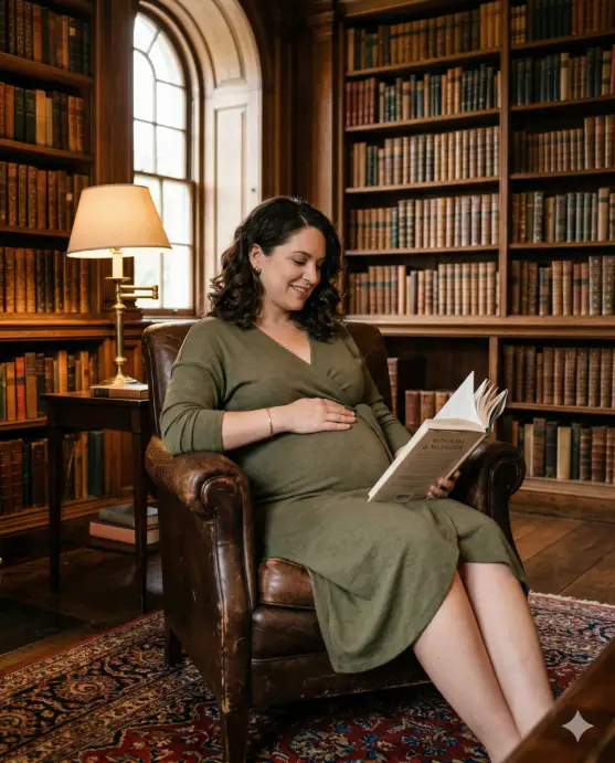 Create a photo of a pregnant woman sitting in a vintage leather armchair in a grand old library, holding an open book in one hand while the other rests on her belly. She is wearing a soft olive green knit wrap dress that drapes comfortably over her bump, with simple gold stud earrings and a thin gold bracelet. Her hair is down in soft curls resting on her shoulders. She is looking down at the book with a quiet, content smile. The camera is at eye level, positioned slightly to the right for a three-quarter composition. Warm, ambient light comes from a brass desk lamp beside her and soft natural light filtering through a tall arched window behind the bookshelves. The background is floor-to-ceiling dark wooden bookshelves filled with leather-bound books, with a patterned Persian rug beneath the chair. Warm, cozy, editorial maternity style with rich olive, brown, and gold tones. Shot with a 50mm lens, shallow depth of field. Use aspect ratio 4:5.