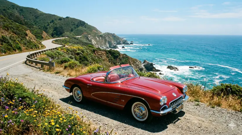 Create a photo of a vintage cherry red convertible with the top down parked on the edge of a winding coastal cliff road. The car is angled slightly toward the ocean, positioned at a front three-quarter view. Chrome bumpers and trim catch the bright midday sun, and the red leather interior is visible. The background features a steep cliff dropping into turquoise ocean water with white waves crashing against the rocks below, and a clear blue sky above. Lush green grass and wildflowers line the roadside. The camera is at waist height, shooting from slightly in front of the car. Bright, saturated, retro-inspired color grading with vivid reds and blues. Shot with a 28mm lens, wide depth of field. Use aspect ratio 16:9.