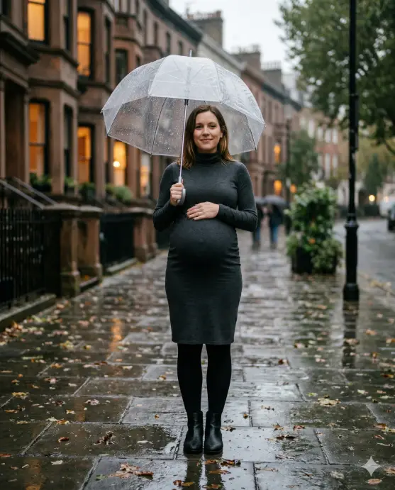 Create a photo of a pregnant woman standing on a quiet city sidewalk in the rain, holding a clear umbrella over her head with one hand while the other rests on her belly. She is wearing a fitted charcoal turtleneck maternity dress that falls to her knees, black tights, and ankle boots. Her hair is slightly damp and tucked behind her ears. She is looking directly at the camera with a confident, calm expression. The camera is at eye level, positioned a few feet away. Soft overcast light with rain streaks visible in front of her and small puddles on the pavement reflecting the surroundings. The background is a blurred row of brownstone buildings with glowing warm lights in the windows and wet leaves on the ground. Moody, editorial maternity style with cool gray and warm amber accent tones. Shot with a 50mm lens, shallow depth of field. Use aspect ratio 4:5.