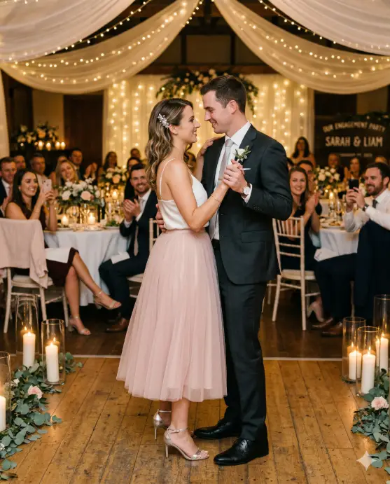 Create a photo of an engaged couple sharing their first dance at their engagement party on a small wooden dance floor in the center of the decorated venue. The man is wearing a tailored dark charcoal suit with a slim silver tie and black dress shoes, one hand on the small of her back and the other holding her hand gently. The woman is wearing a flowing blush pink tulle midi skirt paired with a fitted white silk camisole top and silver strappy heels, her hair down in soft waves with a small crystal clip on one side. They are mid-sway, her free hand resting on his shoulder, both looking at each other with tender smiles. Around them, guests are seated at round tables watching warmly, some holding up phones. The dance floor is surrounded by tall candles in glass hurricanes and the ceiling above is draped with sheer white fabric and warm string lights. The camera is at chest height from a side angle, capturing their movement and expressions. Soft, warm, romantic tones with golden highlights and gentle shadows. Shot with a 50mm lens, shallow depth of field, cinematic event photography style. Use aspect ratio 4:5.