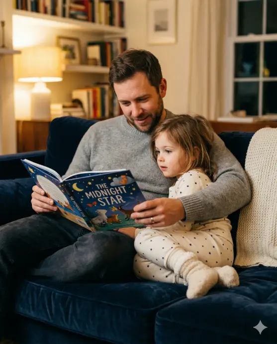 Create a photo of a father sitting on a deep navy velvet couch with his young daughter (around 5 years old) curled up next to him. He is holding an open storybook in one hand while his other arm wraps around her shoulders. The daughter is leaning into him with her head resting against his chest, eyes focused on the book with a look of wonder. The father is wearing a soft gray crewneck sweater and dark jeans. The daughter is wearing cozy cream-colored pajamas with tiny star prints and fluffy socks. The living room has warm ambient lighting from a table lamp, a knitted throw blanket draped over the couch arm, and a bookshelf filled with books softly blurred in the background. The camera is at eye level, capturing a close-up two-shot from the side. Warm, cozy tones with soft golden light. Shot with a 50mm lens, shallow depth of field. Use aspect ratio 4:5.