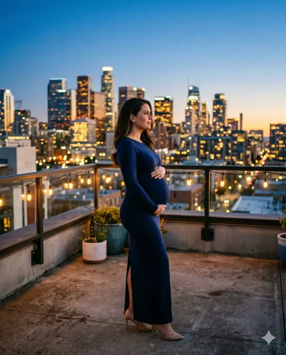 Create a photo of a pregnant woman standing on a rooftop terrace at blue hour, holding her bump with both hands and looking out toward the city skyline with a peaceful, reflective expression. She is wearing a form-fitting navy blue jersey maternity gown with a high slit on one side and long sleeves. Her hair is styled in a sleek blowout falling over one shoulder. She is wearing simple diamond stud earrings and nude heels. The camera is at waist height, shooting from a slight angle with her body turned three-quarters toward the lens. Cool blue twilight fills the sky while warm amber lights from the surrounding skyscrapers and street lamps glow in the background. The rooftop has a simple concrete floor with a few potted plants and string lights along the railing. Cinematic, modern maternity editorial style with deep blue, warm amber, and cool silver tones. Shot with a 50mm lens, shallow depth of field. Use aspect ratio 4:5.