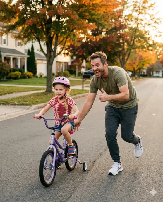 Create a photo of a father running alongside his young daughter (around 7 years old) as she rides a small bicycle on a quiet suburban street during late afternoon. He is bent slightly forward with one hand hovering near the bicycle seat and the other giving a thumbs up. His face shows a mix of excitement and encouragement. The daughter is gripping the handlebars with a determined, slightly nervous expression, pedaling forward. The father is wearing a casual olive green t-shirt, dark joggers, and white running shoes. The daughter is wearing denim shorts, a red striped t-shirt, and a pink bicycle helmet. The street is lined with trees showing early autumn colors, and houses with neat front lawns are softly blurred in the background. The camera is at hip height, positioned slightly ahead of them to capture the movement head-on. Warm, nostalgic golden hour light with long soft shadows. Shot with a 35mm lens, slight motion blur in the background. Use aspect ratio 4:5.