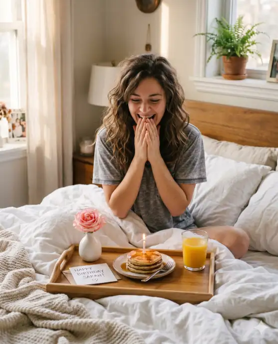 Create a photo of a young woman sitting up in a cozy bed with white sheets and fluffy pillows, her hands covering her mouth in surprise as she looks at a breakfast tray placed in front of her. The tray has a small stack of pancakes with a single birthday candle stuck in the top, a glass of orange juice, a small vase with a single rose, and a handwritten card. She is wearing a soft gray sleep t-shirt with her hair slightly messy and natural. The camera is at bed level, shooting from the side of the bed. Soft morning light coming through a window with sheer curtains to the left, casting a gentle warm glow across the bed. Cozy, intimate, lifestyle morning portrait. Shot with a 50mm lens. Use aspect ratio 4:5.