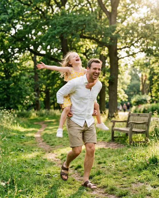Create a photo of a father giving his young daughter (around 6 years old) a piggyback ride through a lush green park on a sunny afternoon. The daughter is laughing with her arms spread wide and her head tilted back in pure joy. The father is grinning and holding her legs securely while mid-stride on a grassy path. He is wearing a white linen shirt with the sleeves rolled up, khaki shorts, and brown sandals. The daughter is wearing a yellow sundress with small white floral prints and white sneakers. The background shows tall oak trees with dappled sunlight filtering through the leaves, a wooden park bench to the side, and soft bokeh from distant greenery. The camera is at waist height, capturing the motion from a slight angle. Bright, cheerful tones with warm highlights. Shot with a 50mm lens, cinematic depth. Use aspect ratio 4:5.
