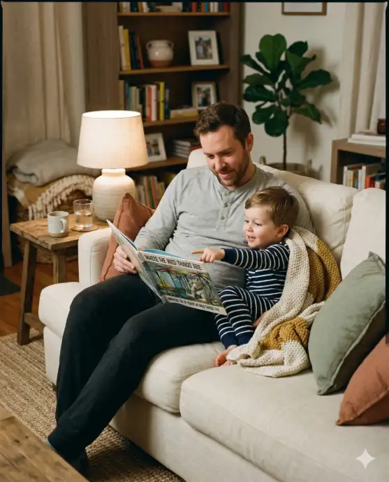 Create a warm lifestyle photo of a father sitting on a large cream-colored linen sofa with his young son curled up next to him under a soft knitted throw blanket. The father is holding a children's picture book open in front of them, and the boy is pointing at one of the pages with wide curious eyes. The father is wearing a soft heather grey henley shirt and dark lounge pants, and the boy is in cozy striped pajamas. The camera is at sofa height, shooting straight on from across the room. Soft, warm ambient light comes from a table lamp beside the couch, casting a gentle glow on their faces. The background shows a tidy living room with bookshelves, a potted plant, and muted earthy tones. Shot with a 50mm lens, natural indoor lighting, warm candid family aesthetic. Use aspect ratio 4:5.