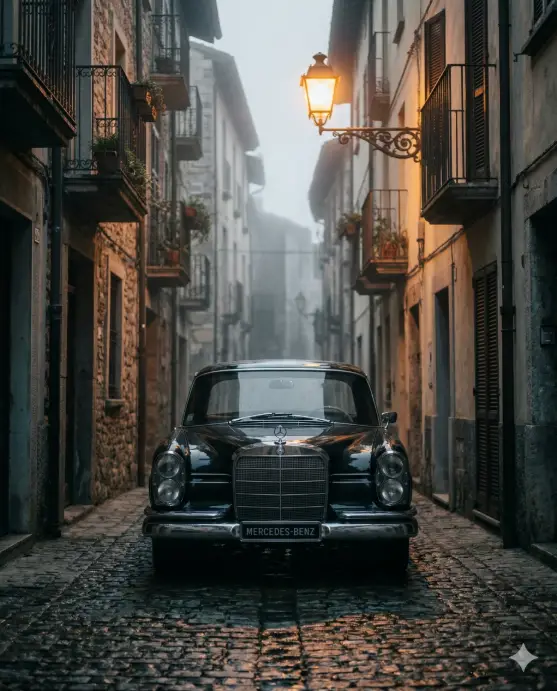 Create a photo of a classic glossy black sedan from the 1960s parked in a narrow European cobblestone alley at dawn. The car is centered in the frame, facing the camera straight on. Morning fog drifts through the alley, softening the edges of everything behind the car. On either side, old stone buildings with wrought iron balconies and wooden shutters rise three stories high. A single vintage street lamp above casts a warm amber pool of light on the car's hood and chrome grille. The cobblestones are slightly wet and reflective. The camera is at bumper height, shooting straight down the alley. Desaturated, moody color grading with warm highlights and cool shadows. Cinematic, atmospheric, film-inspired style. Shot with a 50mm lens, shallow depth of field. Use aspect ratio 4:5.