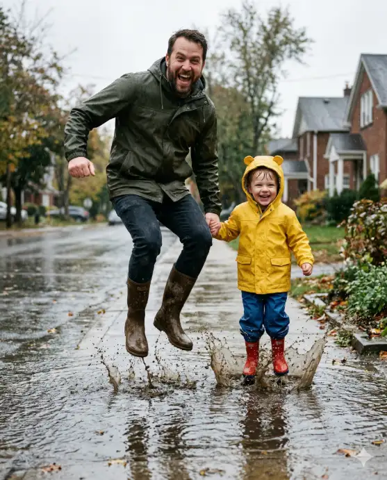 Create a playful photo of a father and his young son jumping into a large rain puddle together on a wet suburban sidewalk during a light rain shower. Both are mid-jump with their feet about to hit the water, big grins on their faces. The father is wearing a dark olive rain jacket, jeans, and rubber boots, and the boy is wearing a bright yellow raincoat with the hood up, rain pants, and small red rain boots. Water splashes up around their feet. The camera is at low ground level, shooting from the front to capture the splash and their expressions. The background shows wet pavement reflecting street lights and blurred houses with grey overcast skies. Cool, muted tones with pops of yellow and red. Shot with a 35mm lens, fast shutter speed to freeze the splash, candid lifestyle aesthetic. Use aspect ratio 4:5.