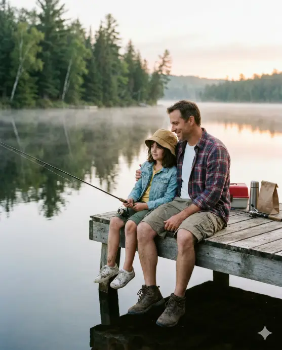 Create a photo of a father and his young daughter (around 9 years old) sitting side by side on the edge of a weathered wooden dock, their legs dangling over the calm water of a lake. Both are holding simple fishing rods with the lines cast out into the still water. The daughter is leaning her head against her father's arm while looking out at the water with a relaxed, content expression. The father is looking down at her with a soft, gentle smile. He is wearing a faded plaid flannel shirt in red and navy over a white t-shirt, worn-in khaki cargo shorts, and old brown hiking boots. The daughter is wearing a light denim jacket over a yellow t-shirt, olive green shorts, and muddy white sneakers with a tan bucket hat slightly too big for her head. A small red tackle box, a thermos, and a brown paper bag sit on the dock behind them. The lake is perfectly still with soft reflections of surrounding pine and birch trees. A thin layer of morning mist hovers just above the water surface. The camera is positioned low at dock level, shooting from a slight side angle. Soft, cool early morning light with pale blue and green tones warming up with hints of golden sunrise on the horizon. Shot with a 50mm lens, wide composition, natural color grading. Use aspect ratio 4:5.