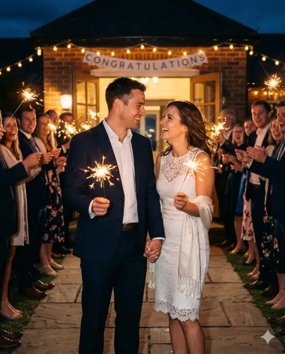 Create a photo of an engaged couple standing face to face outside their engagement party venue at night, each holding a lit sparkler in their outer hand while their free hands are clasped together between them. The man is wearing a dark navy suit with his top shirt button undone and no tie, looking relaxed and happy with the sparkler light casting a warm glow on his face. The woman is wearing a fitted white lace cocktail dress and has a light silk shawl draped over one arm, her hair slightly wind-blown with a wide, joyful smile. The sparklers are creating bright trails of warm white light between them. Behind them, two rows of friends and family line a pathway, each holding sparklers and forming a glowing tunnel of light. The venue entrance is visible in the far background with its doors open, warm light spilling out, and a simple "Congratulations" banner above the door. The camera is at eye level from the front, capturing the sparkler glow illuminating their faces against the dark evening sky. Warm, magical tones with golden sparkler light and deep shadows. Shot with a 50mm lens, medium depth of field, cinematic low-light photography style. Use aspect ratio 4:5.