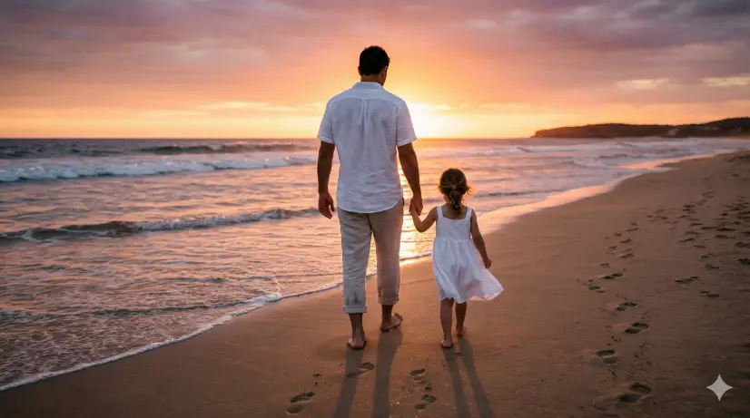 Create a photo of a father and his young daughter (around 5 years old) walking hand in hand along a sandy beach at sunset, captured from behind. The father is barefoot, wearing rolled-up light beige linen pants and a white short-sleeve button-down shirt. The daughter is barefoot in a white cotton dress that moves gently in the ocean breeze. Their footprints trail behind them in the wet sand. The ocean waves lap gently at their feet. The sky is a dramatic gradient of deep orange, pink, and purple with the sun low on the horizon casting a warm glow and long shadows ahead of them. The camera is positioned low, at the daughter's waist height, shooting from behind. Warm, cinematic tones with golden backlighting creating soft rim light around their silhouettes. Shot with a 50mm lens, wide composition. Use aspect ratio 16:9.