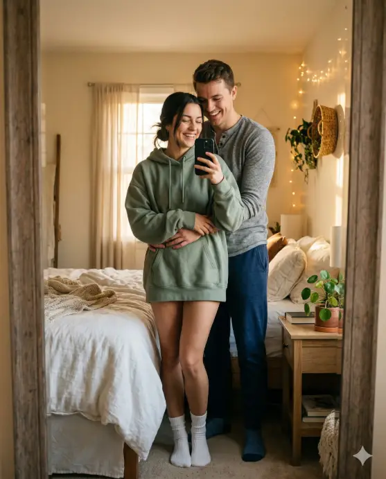 Create a realistic couple mirror selfie of a young man and woman standing in front of a wooden-framed full-length mirror leaning against a bedroom wall. The man is wearing a gray henley shirt and navy joggers, standing behind the woman with both arms wrapped around her from behind and his chin resting on her shoulder. The woman is wearing an oversized sage green hoodie and white ankle socks, holding the phone up with one hand while her other hand holds his forearm. Both are smiling warmly with genuine, relaxed expressions. The bedroom has a rumpled white duvet on the bed, fairy string lights along the wall, a small potted plant on the nightstand, and warm golden afternoon sunlight coming through sheer curtains. Soft, warm tones with a cozy, intimate mood. Shot at full-body level. Use aspect ratio 4:5.
