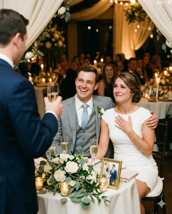 Create a photo of an engaged couple sitting together at their sweetheart table during their engagement party, reacting to a toast being given by the best man. The woman has her hand over her heart and is looking up with teary eyes and a touched smile. The man is laughing warmly with one arm around her shoulders. He is wearing a light gray three-piece suit with a pale blue tie. She is wearing a fitted white cocktail dress with cap sleeves and a scalloped hem, a simple tennis bracelet, and her hair in an elegant side-swept updo. In the slightly blurred foreground, the best man is visible from behind in a dark suit, holding a champagne glass and gesturing mid-speech. The table in front of the couple has a floral centerpiece of white roses and greenery, champagne flutes, and a small framed photo of the couple. The venue behind them glows with warm candlelight and draped ivory fabric. The camera is at eye level from across the table, focused on the couple's emotional reaction. Warm, intimate tones with soft golden light. Shot with an 85mm lens, shallow depth of field, photojournalistic event style. Use aspect ratio 4:5.