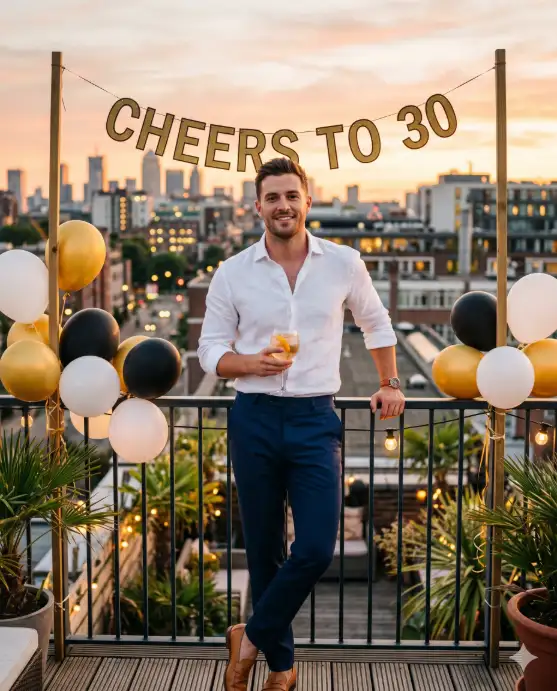 Create a photo of a young man standing on a rooftop terrace decorated with gold and black balloons tied to the railing and a "Cheers to 30" banner strung between two poles. He is wearing a crisp white linen shirt with the top two buttons undone, tailored navy trousers, and tan loafers. He is leaning against the railing with one hand holding a cocktail glass and the other resting on the rail, looking directly at the camera with a confident, easy smile. The camera is at chest height, shooting straight on. Behind him, a warm sunset sky in shades of orange and pink with a city skyline silhouetted in the background. Warm golden light hitting his face and shirt. Lifestyle, celebratory editorial style. Shot with a 50mm lens, shallow depth of field. Use aspect ratio 4:5.
