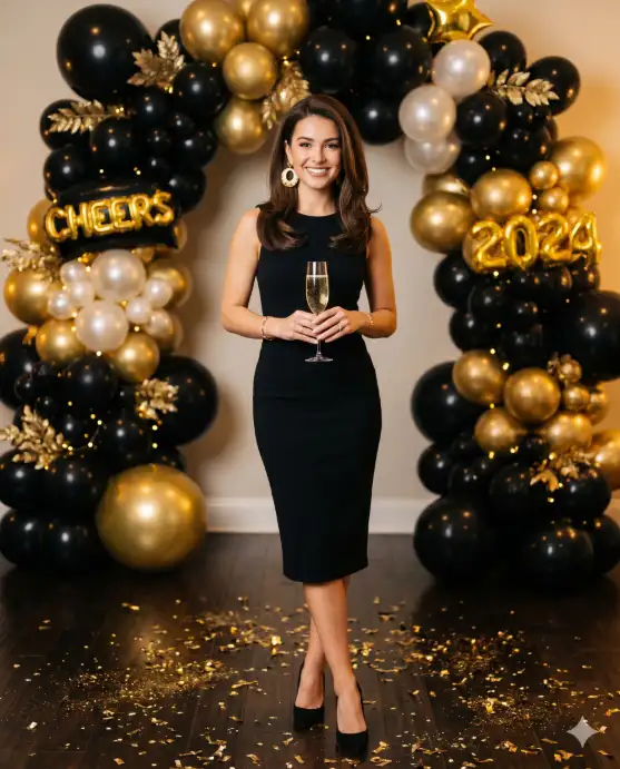 Create a photo of a young woman standing in front of a backdrop of black and gold helium balloons arranged in an arch formation. She is wearing a fitted black bodycon dress that falls just below the knee, gold statement earrings, and black pointed-toe heels. She is holding a glass of champagne at waist height and tilting her head slightly to one side with a classy, confident smile. Her hair is styled in a sleek blowout. The floor is covered with scattered gold confetti. The camera is at waist height, shooting slightly upward. Warm studio lighting with a subtle golden tone and soft shadows. Elegant, editorial, party portrait style. Shot with an 85mm lens, shallow depth of field. Use aspect ratio 4:5.