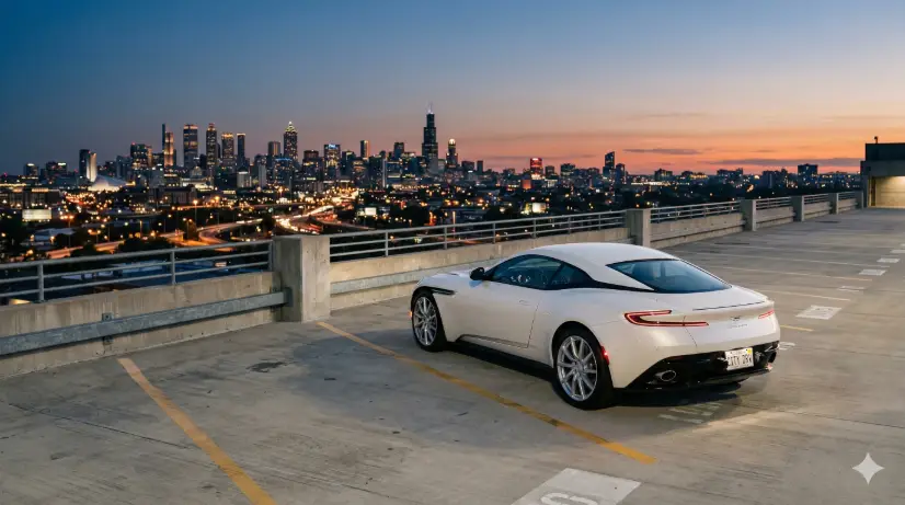 Create a photo of a pearl white luxury coupe parked on the top level of an open-air parking structure at dusk, positioned at a wide rear three-quarter angle. The car's smooth body lines and polished wheels catch the last remnants of daylight. The background shows a sprawling city skyline with skyscrapers beginning to light up against a deep blue and orange twilight sky. The concrete parking surface is clean and empty, with painted yellow lines visible. The camera is at trunk height, positioned several meters back to capture the full car and skyline together. Cool blue tones blending into warm amber on the horizon. Clean, editorial, luxury automotive style. Shot with a 35mm lens, wide depth of field. Use aspect ratio 16:9.