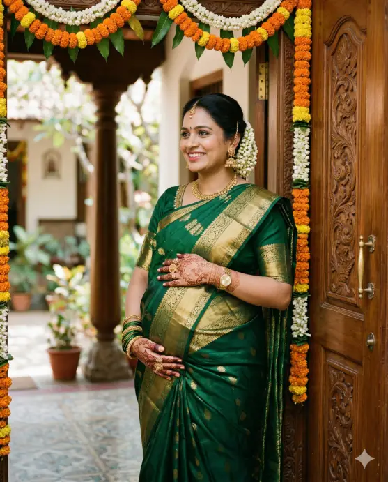 Create a photo of a pregnant woman standing on a decorated veranda with her hands placed on either side of her belly, fingers adorned with gold rings and mehndi designs visible on her hands. She is wearing a deep emerald green silk saree draped elegantly over her bump with a gold zari border, paired with gold jhumka earrings, bangles, and a small gold tikka on her forehead. Her hair is in a low side bun decorated with fresh jasmine flowers. She is looking slightly to the side with a radiant, warm smile. The camera is at chest height, angled slightly upward. Warm, natural afternoon light illuminates her face and the gold details of her jewelry. The background is an ornate carved wooden doorway with hanging marigold garlands and a soft-focus courtyard with potted plants. Rich, vibrant cultural maternity style with emerald, gold, and warm brown tones. Shot with an 85mm lens, shallow depth of field. Use aspect ratio 4:5.