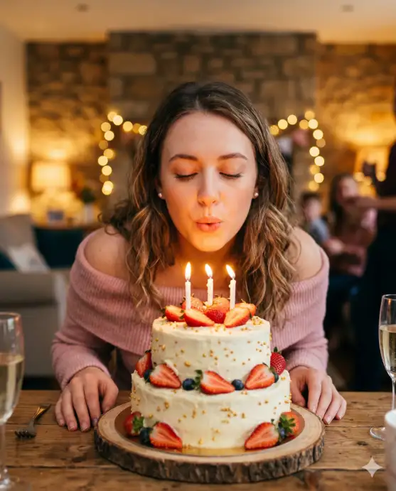 Create a close-up photo of a young woman leaning forward to blow out candles on a two-tier birthday cake decorated with white frosting, fresh strawberries, and gold sprinkles. She is wearing a soft pink off-shoulder top and small pearl stud earrings. Her eyes are gently closed and her lips are slightly pursed, about to blow. Her hands are placed on either side of the cake on the table. The camera is at table height, shooting slightly upward to capture her face lit by the warm golden glow of the candles. The background is a softly blurred living room with fairy lights strung along the wall. Warm amber tones with soft candlelight shadows. Intimate, candid, lifestyle photography style. Shot with a 50mm lens, shallow depth of field. Use aspect ratio 4:5.
