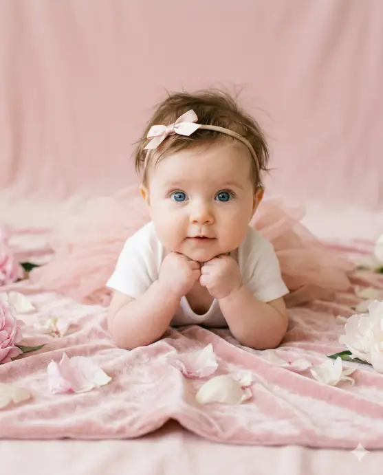 Create a photo of a 4-month-old baby girl lying on her tummy on a plush pastel pink velvet blanket with her chin propped up on her tiny fists, looking up at the camera with wide curious eyes. She is wearing a delicate blush pink tulle tutu skirt and a simple white bodysuit with a small satin bow headband in matching pink. Scattered around her are a few soft pink and white peony petals. The camera is at floor level, shooting straight on at the baby's face. Soft, warm studio lighting with a gentle pink cast and no harsh shadows. The background is a seamless blush pink backdrop. Dreamy, soft-focus portrait style with pastel pink and white tones. Shot with an 85mm lens, shallow depth of field. Use aspect ratio 4:5.